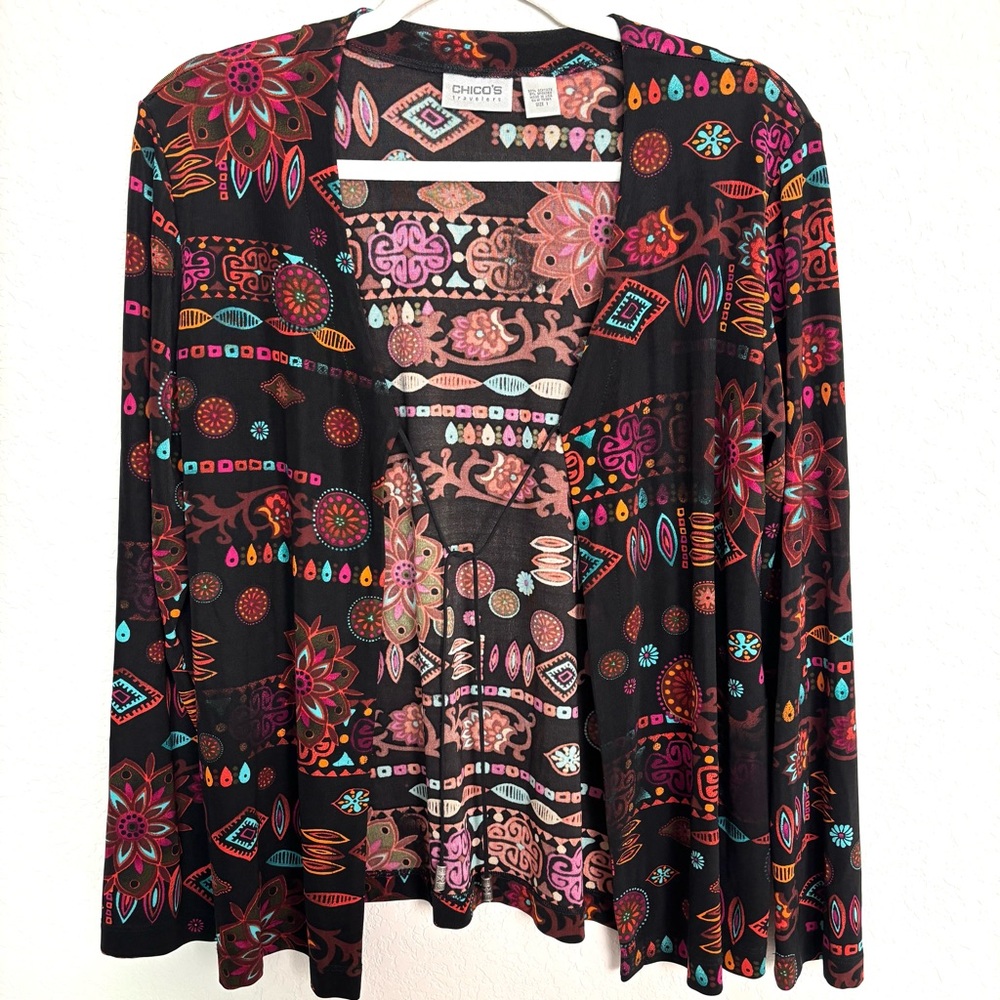 Chico's Travelers Multicolor Geo Tribal Tie Closure Cardigan Women’s Medium Boho
